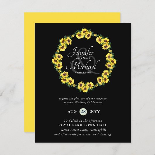 BUDGET Rustic Sunflower Wreath Wedding Invite (Voorkant / Achterkant)