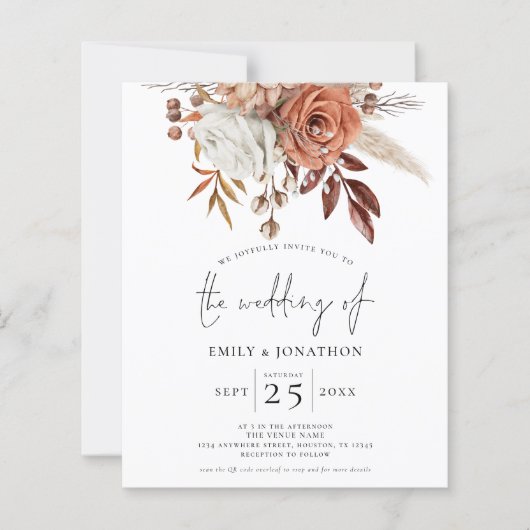 Budget Rustic Terracotta Florals QR Wedding Invite (Voorkant)