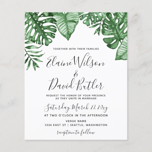 Budget Rustic Tropical Greenery Wedding Invitation (Voorkant)