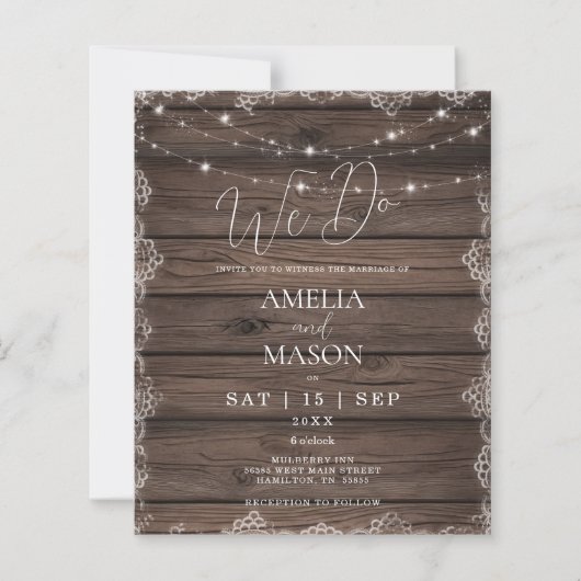 Budget Rustic "We Do" String Lights Wedding Invite (Voorkant)