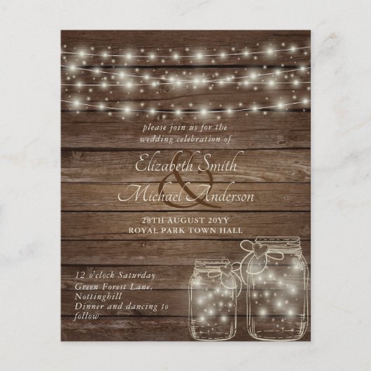Budget Rustic Wedding Invitation Mason Jars Lights (Voorkant)