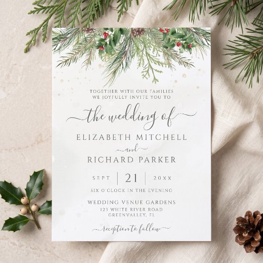 Budget Rustic Winter Groen Huwelijksuitnodiging