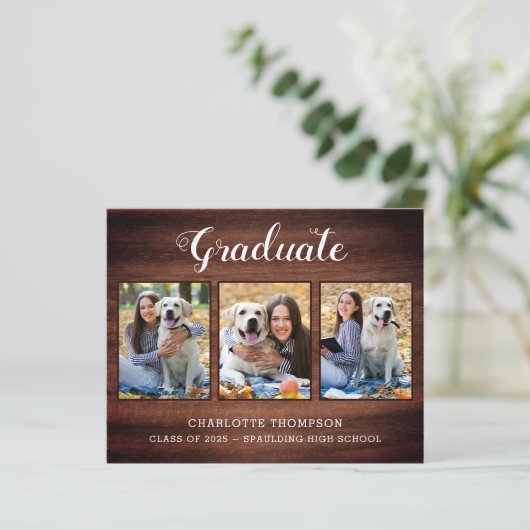 Budget Rustic Wood 3 Foto Afstuderen Uitnodiging (Staand voorkant)