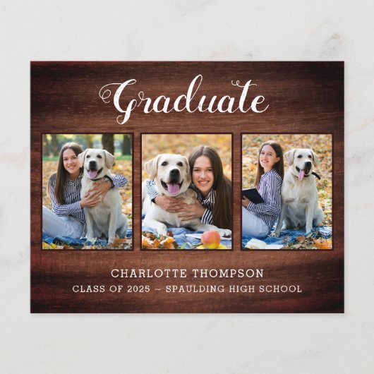 Budget Rustic Wood 3 Foto Afstuderen Uitnodiging (Voorkant)