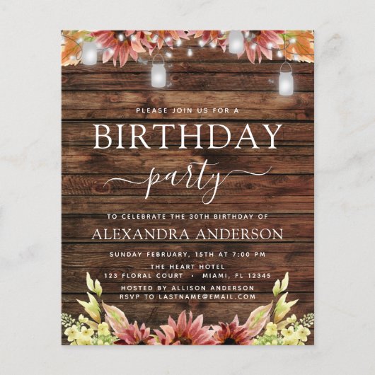 Budget Rustic Wood Autumn Sunflower 30th Birthday (Voorkant)