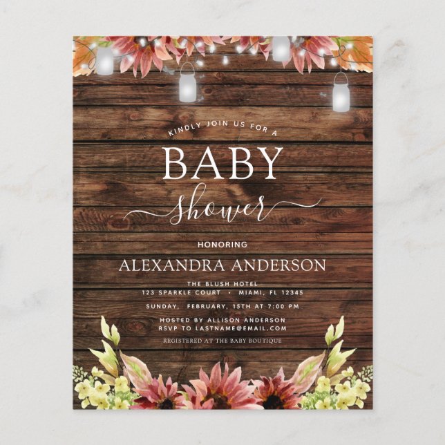 Budget Rustic Wood Autumn Sunflower Baby shower (Voorkant)