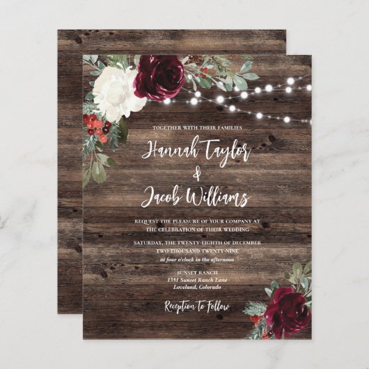 Budget Rustic Wood Kerstbruiloft Uitnodiging (Voorkant / Achterkant)