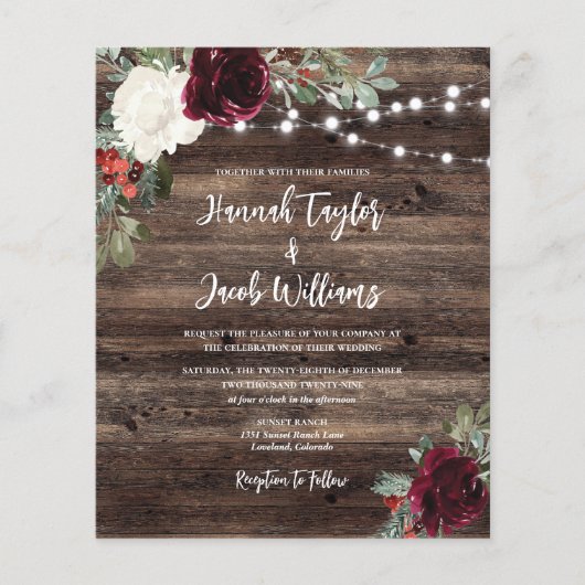 Budget Rustic Wood Kerstbruiloft Uitnodiging (Voorkant)