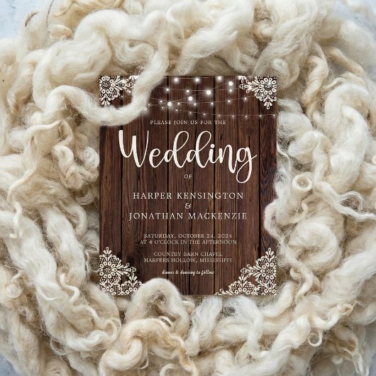 Budget Rustic Wood Lace String Lights Wedding