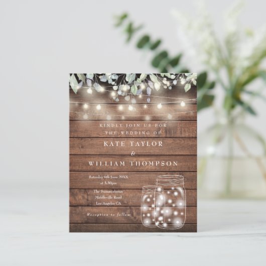 Budget Rustic Wood Licht Mason Jar Wedding Invite (Staand voorkant)