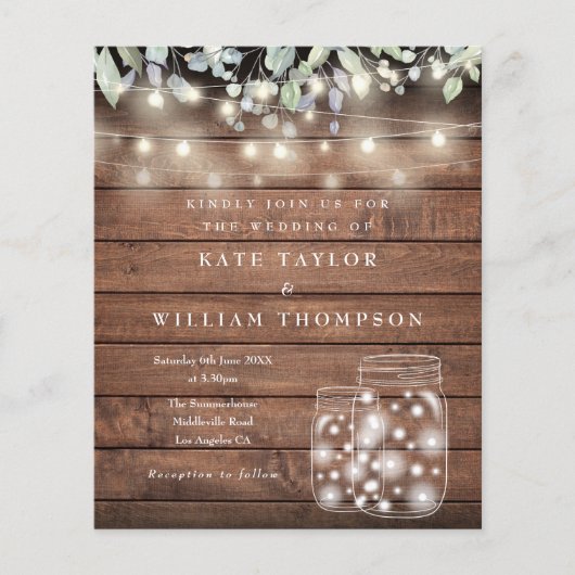 Budget Rustic Wood Licht Mason Jar Wedding Invite (Voorkant)