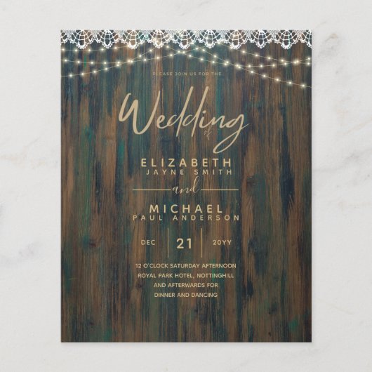BUDGET RUSTIC WOOD LIGHTS LACE Wedding Invite Flye Flyer (Voorkant)