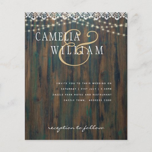 BUDGET RUSTIC WOOD LIGHTS LACE Wedding Invite Flyer (Voorkant)