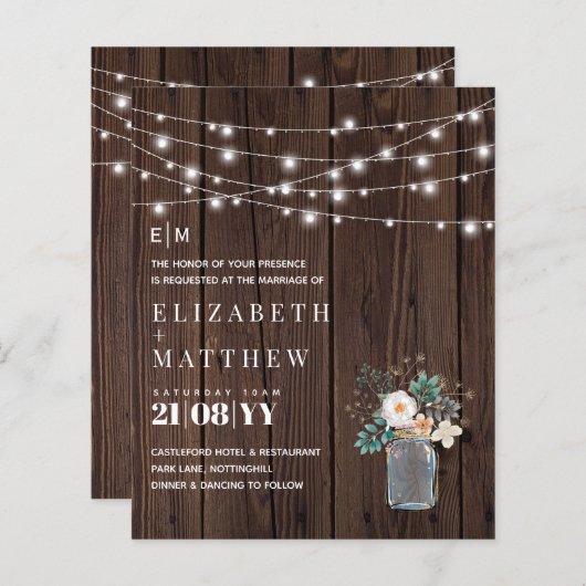 Budget Rustic Wood Mason Jar Lights Wedding Invite (Voorkant / Achterkant)