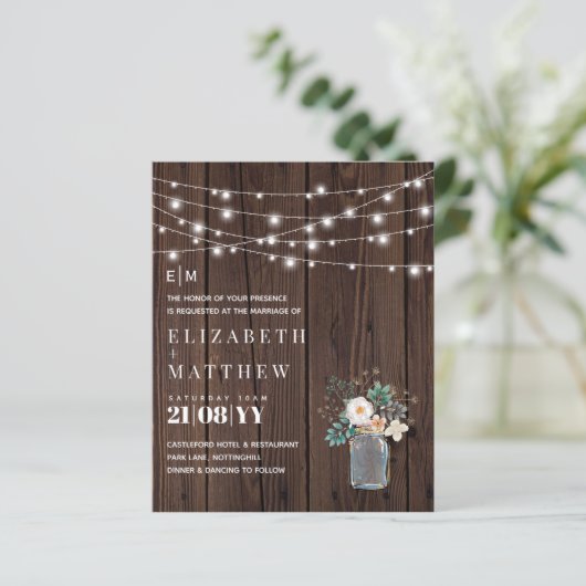 Budget Rustic Wood Mason Jar Lights Wedding Invite (Staand voorkant)