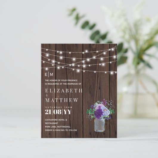 Budget Rustic Wood Paars Mint Wedding Invites (Staand voorkant)