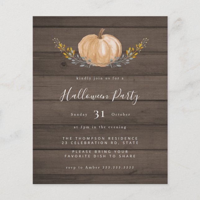 Budget Rustic Wood Pumpkin Halloween Party Invite (Voorkant)
