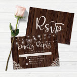 BUDGET Rustic Wood String Lights Lace Wedding RSVP Notitiekaartje<br><div class="desc">Rustic Wood- en String Lights Lace Wedding RSVP-kaart met een rustige houtachtergrond met twinkelende snaren licht en stijlplaats in de onderste hoeken. De woorden "Kindly Reply" worden in elegante maar toch rustige typografie geplaatst, waardoor dit het perfecte ontwerp is voor je boho of landbruiloft. Dit zijn KLEINE RSVP-kaarten; controleer de...</div>