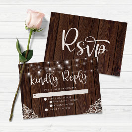 BUDGET Rustic Wood String Lights Lace Wedding RSVP Notitiekaartje