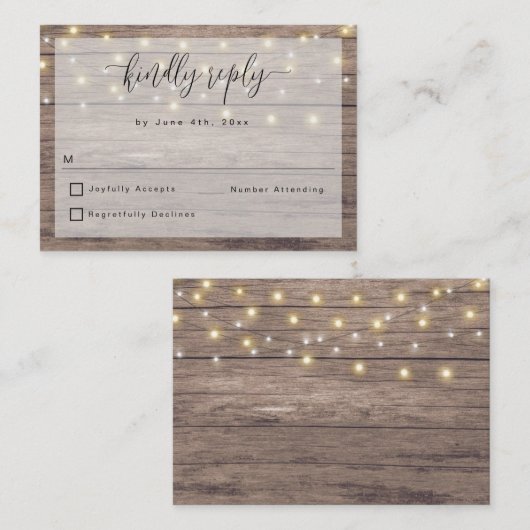 Budget Rustic Wood String Lights Wedding RSVP Kaar Notitiekaartje (Voorkant / Achterkant)