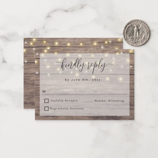 Budget Rustic Wood String Lights Wedding RSVP Kaar Notitiekaartje (Voorkant / Achterkant in situ)