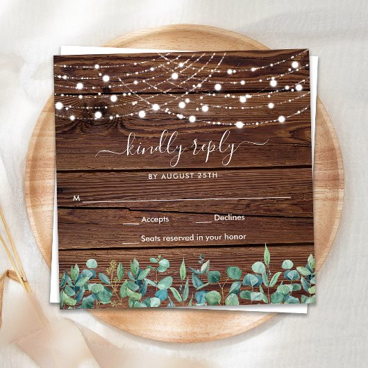 Budget Rustic Wood String Lights Wedding RSVP Notitiekaartje