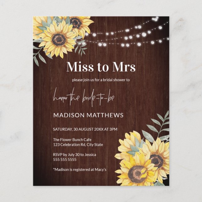 Budget Rustic Wood Sunflower Licht Miss aan Mrs. (Voorkant)