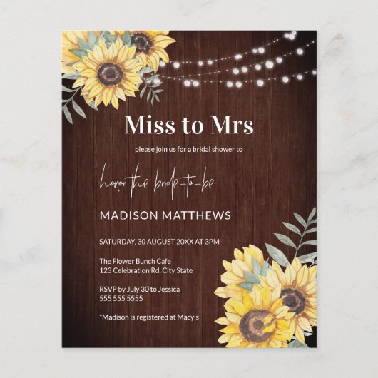 Budget Rustic Wood Sunflower Licht Miss aan Mrs. Flyer (Voorkant)