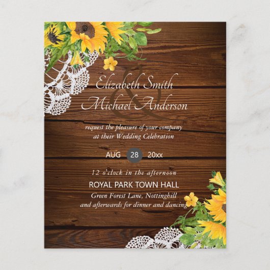 BUDGET Rustic Wood Sunflower Wedding Invites (Voorkant)