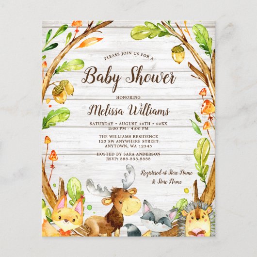 Budget Rustic Woodland Animals Baby shower (Voorkant)