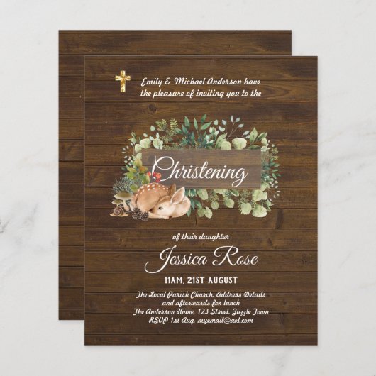 BUDGET Rustic Woodland Christening Invite Baptisme (Voorkant / Achterkant)