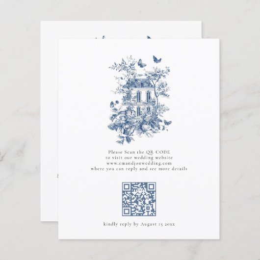 Budget Rustiek Blauw Toile De Jouy QR Code Bruilof (Voorkant / Achterkant)