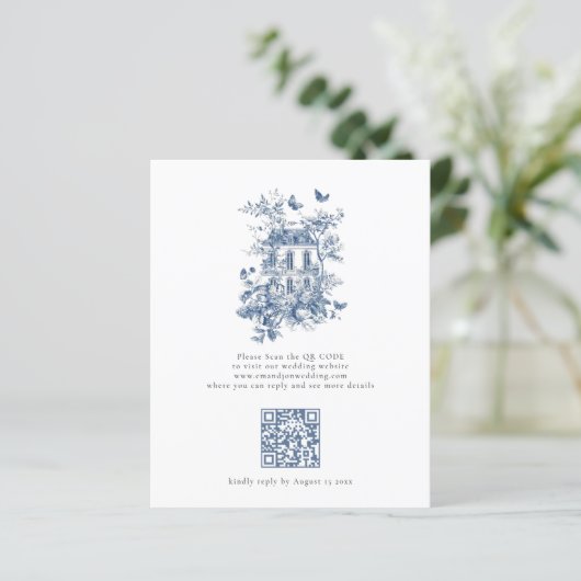 Budget Rustiek Blauw Toile De Jouy QR Code Bruilof (Staand voorkant)