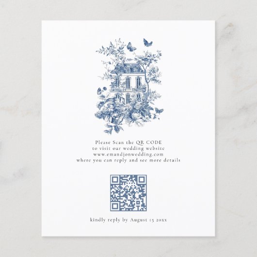 Budget Rustiek Blauw Toile De Jouy QR Code Bruilof (Voorkant)