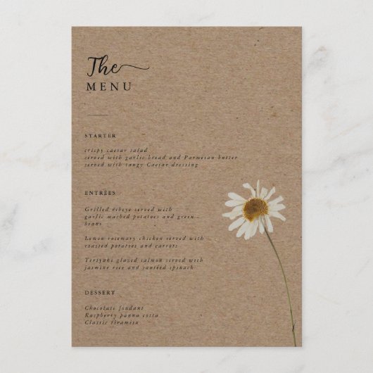 Budget Rustiek Gedroogde Zonnebloem Kraft Wedding Menu (Voorkant)