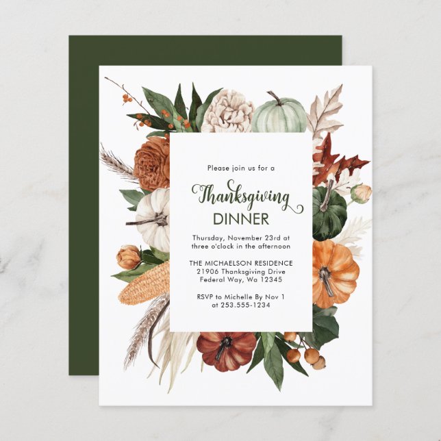 Budget Rustiek Groen Thanksgiving Diner Invite (Voorkant / Achterkant)