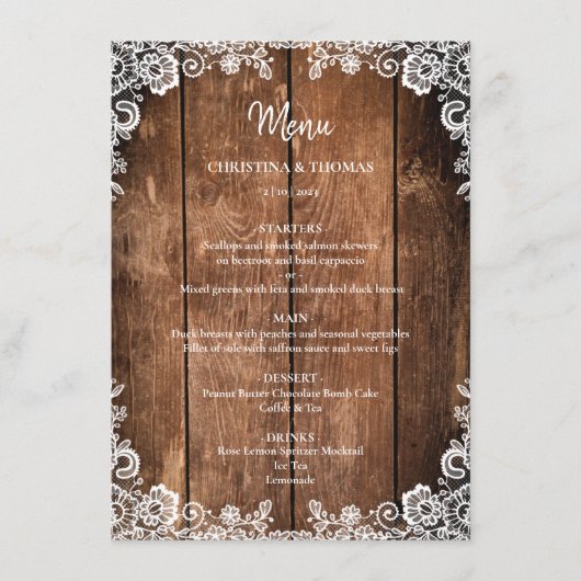 Budget Rustiek hout en kant land bruiloft Menu (Voorkant)