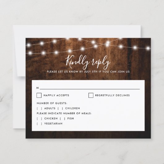 Budget Rustiek Hout & String Lights Wedding RSVP (Voorkant)