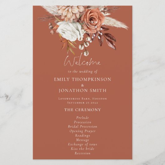 Budget Rustieke Bloemen Terracotta Trouwprogramma (Voorkant)