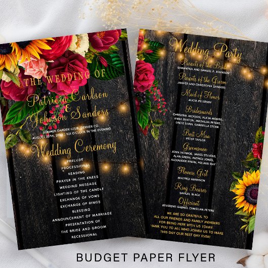 Budget rustieke bloemige houten lichten huwelijksp flyer