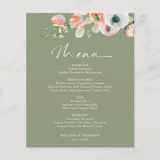 Budget Rustieke Bloemsalie Groen Trouwmenu (Voorkant)