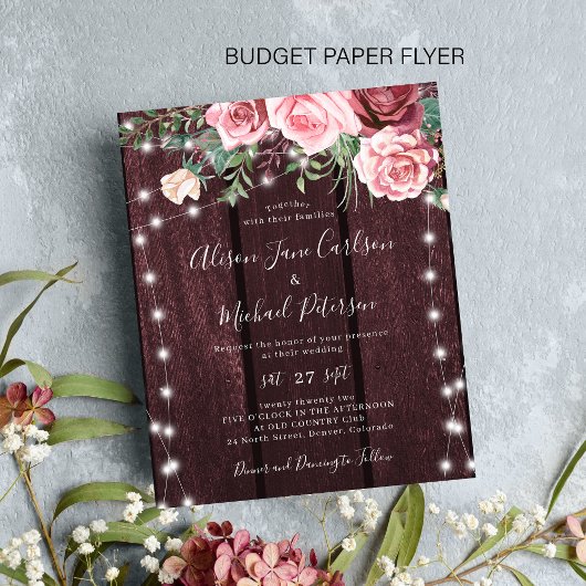 Budget rustieke blos bordeauxrode trouwuitnodiging flyer