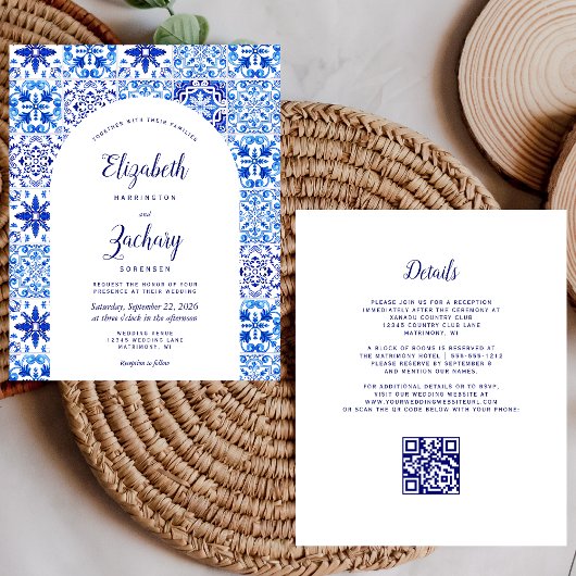 Budget Rustieke Boog Blauwe Azulejos QR Code Trouw