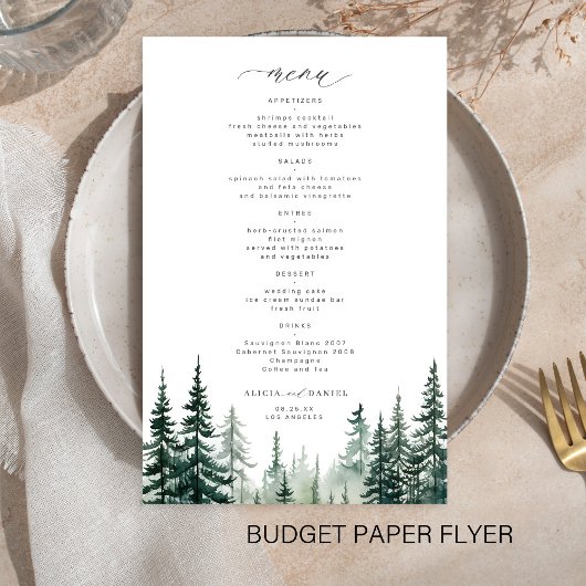 Budget rustieke bos dennenbomen trouwmenu flyer