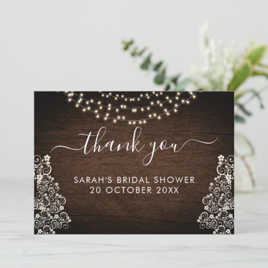 Budget Rustieke Bosrijke Lichtslinger Kant Houten  Bedankkaart (Staand voorkant)