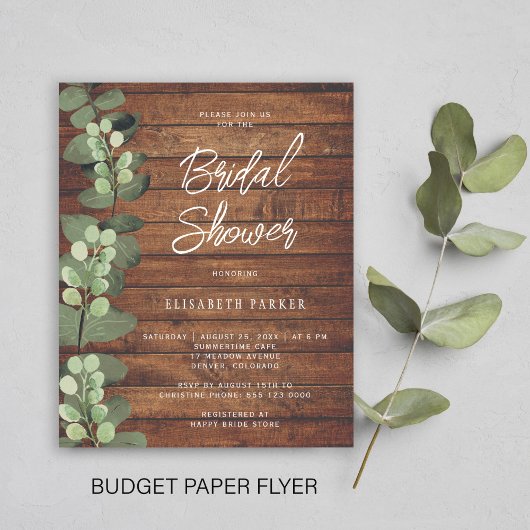 Budget rustieke eucalyptus bruidsdouche uitnodigin flyer