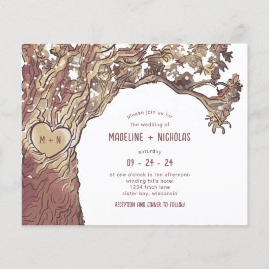 BUDGET rustieke gesneden eiken boom bruiloft uitno (Voorkant)