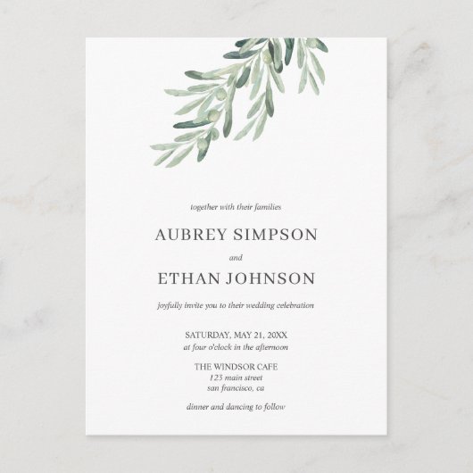 Budget Rustieke Groen Olijf Huwelijk Uitnodiging Briefkaart (Voorkant)