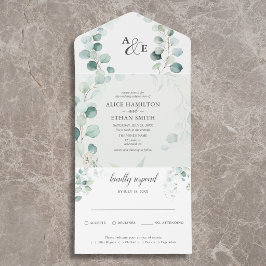 Budget Rustieke Groene Eucalyptus Salie Bruiloft All In One Uitnodiging