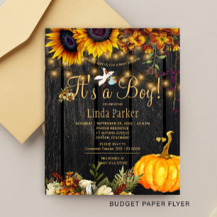 Budget rustieke herfst baby jongen shower uitnodig flyer